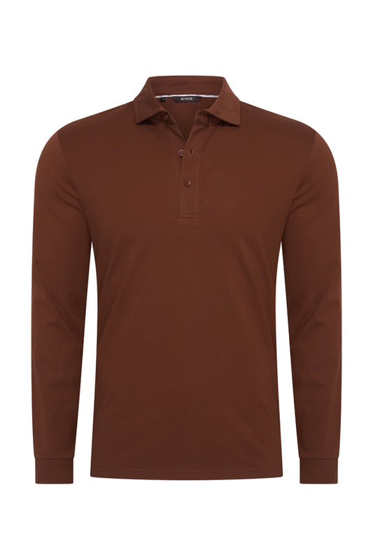 Men Polo Cotton Long Sleeves | Brown Stone