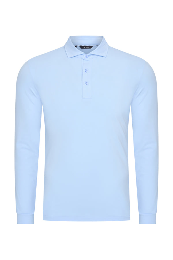 Men's Long-Sleeved Cotton Polo Shirt | Light Blue